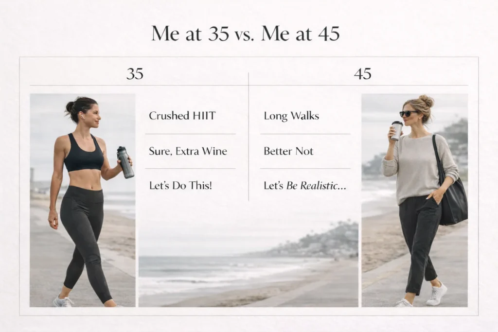 Side-by-side comparison of HIIT in your 30s versus walking in your 40s for midlife fitness