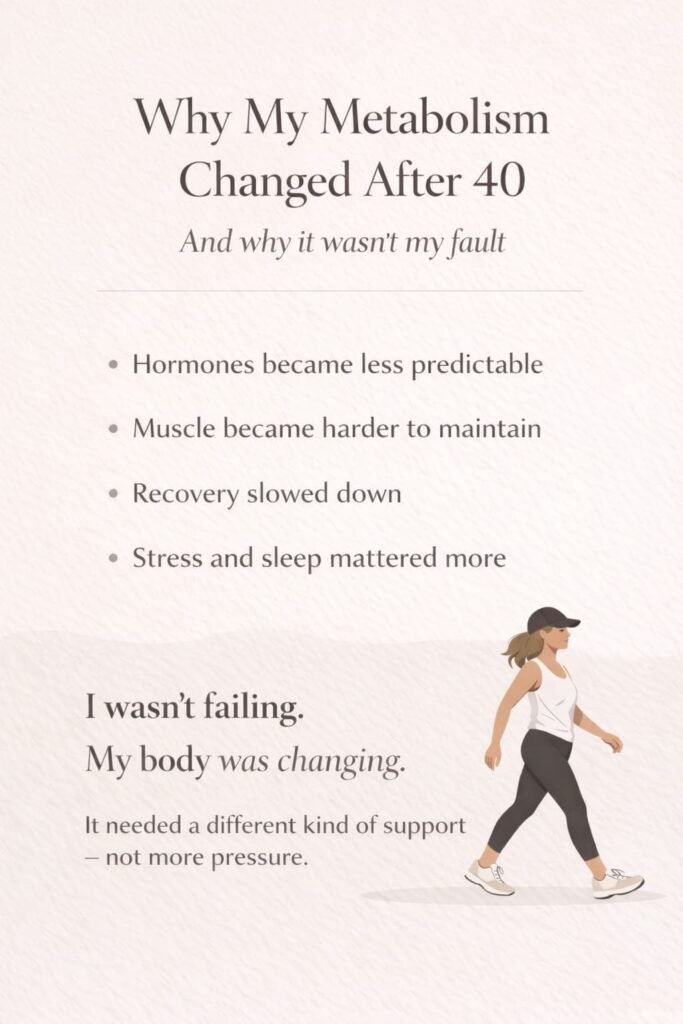 Illustration showing why metabolism changes after 40, including hormonal shifts, muscle loss, and recovery changes