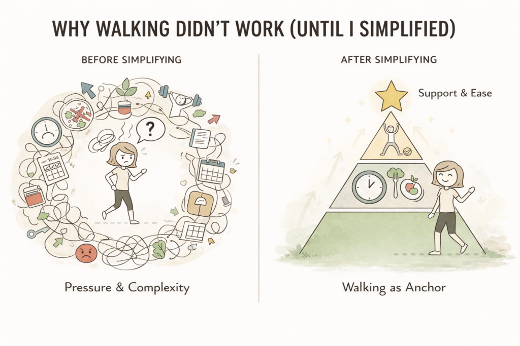 Diagram showing why walking didn’t work when routines were overcomplicated and how simplifying allowed walking to become the foundation after 40